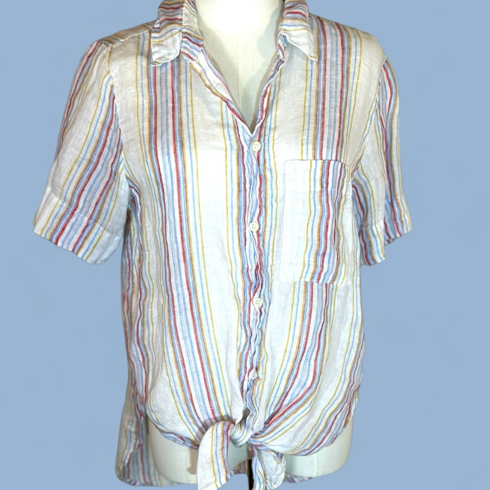 CP Shades sz medium white linen w pin stripe tie knot button down shirt‎